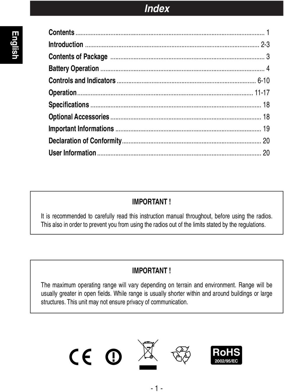 It is recommended to carefully read this instruction manual throughout, before using the radios.