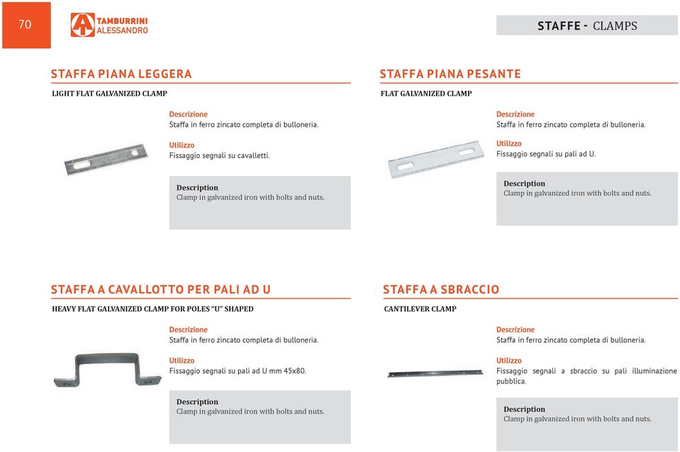 STAFFA A CAVALLOTTO PER PALI AD U HEAVY FLAT GALVANIZED CLAMP FOR POLES U SHAPED Fissaggio segnali