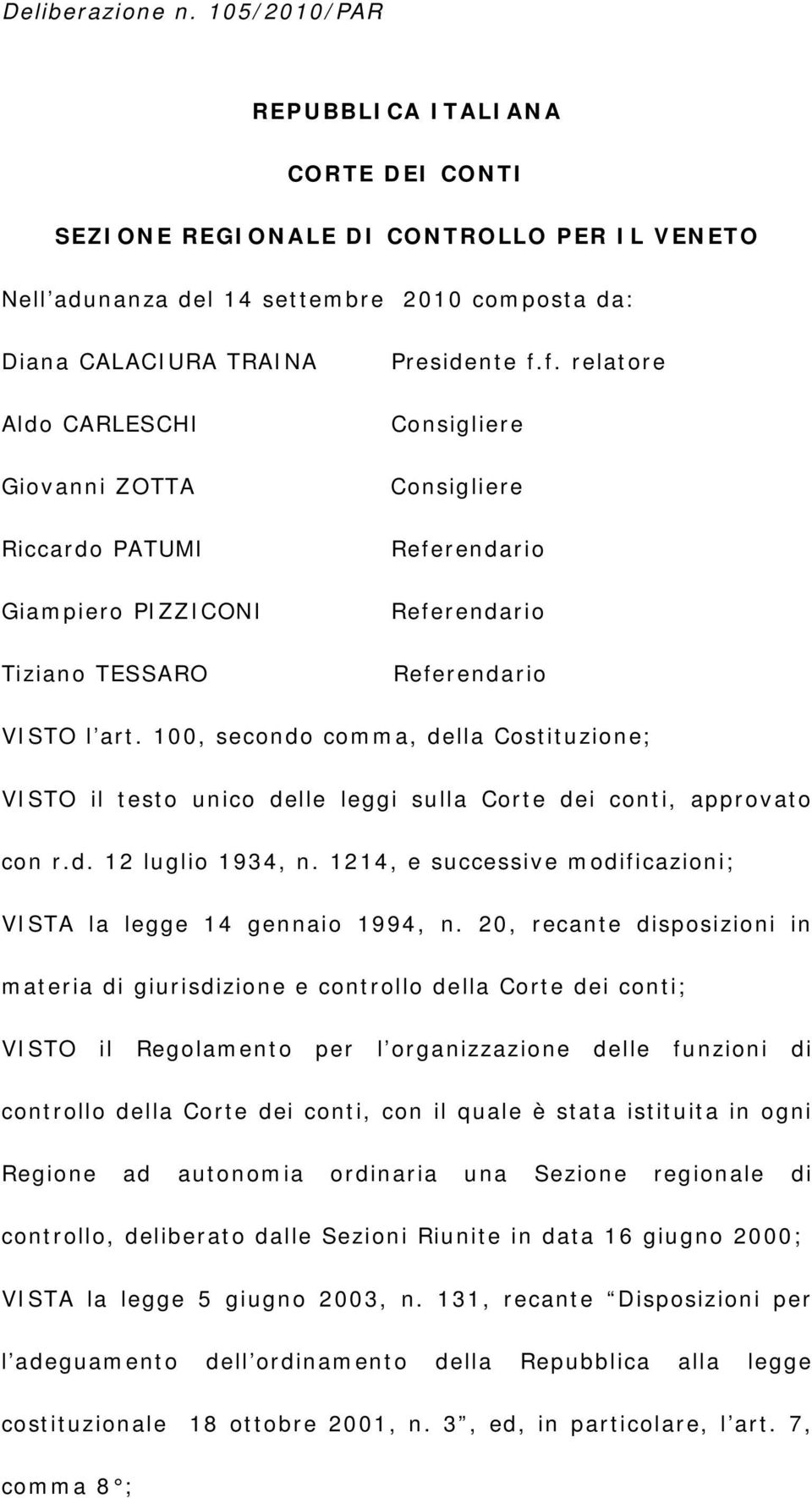 Riccardo PATUMI Giampiero PIZZICONI Tiziano TESSARO Presidente f.f. relatore Consigliere Consigliere Referendario Referendario Referendario VISTO l art.