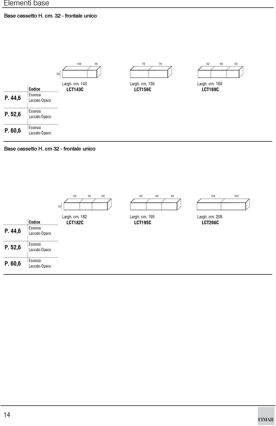 cm 32 - frontale unico 65 52 65 65 65 65 104 104 32 P. 52,6 Largh. cm. 182 Largh. cm. 195 Largh. cm. 208 Codice LCT182C LCT195C LCT208C Essenza 1.187 1.
