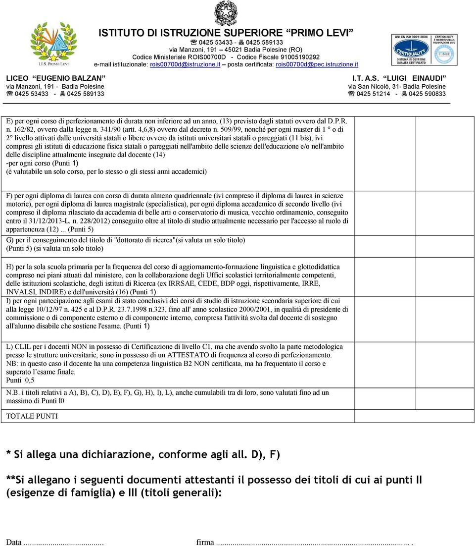 statali o pareggiati nell'ambito delle scienze dell'educazione e/o nell'ambito delle scipline attualmente insegnate dal docente (14) -per ogni corso (Punti 1) (è valutabile un solo corso, per lo