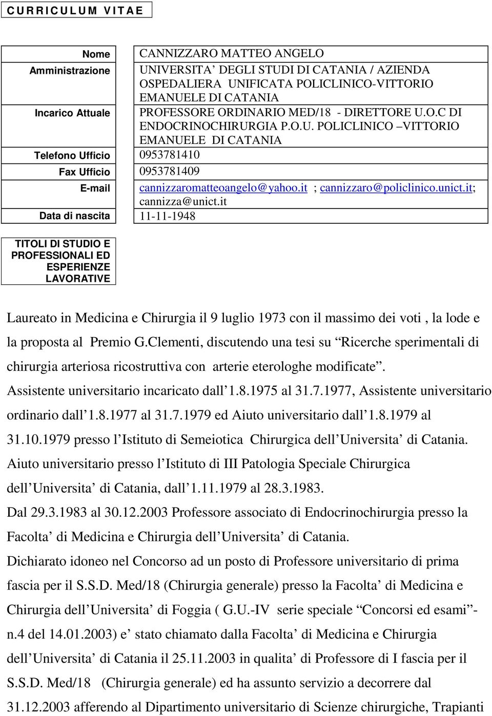 O.U. POLICLINICO VITTORIO EMANUELE DI CATANIA cannizzaromatteoangelo@yahoo.it ; cannizzaro@policlinico.unict.it; cannizza@unict.