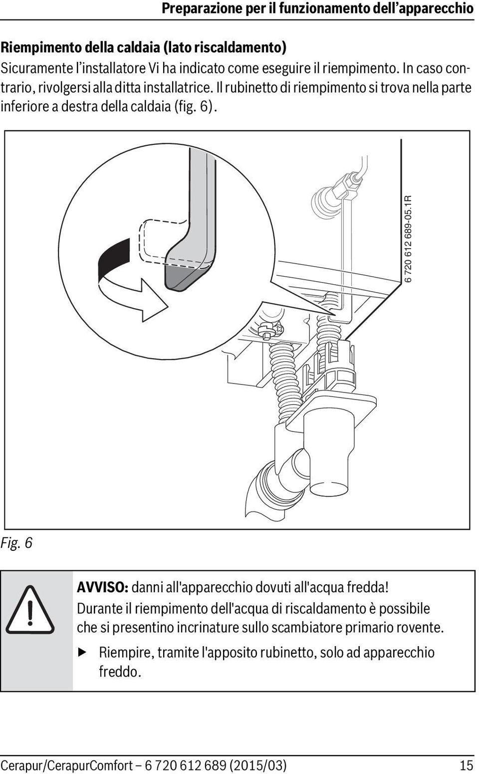 Il rubinetto di riempimento si trova nella parte inferiore a destra della caldaia (fig. ). 70 89-05.R Fig.