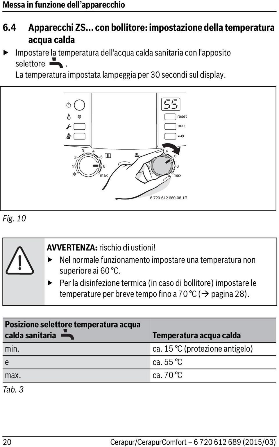 La temperatura impostata lampeggia per 30 secondi sul display. reset eco 5 e 70 0-08.R Fig. 0 AVVERTENZA: rischio di ustioni!