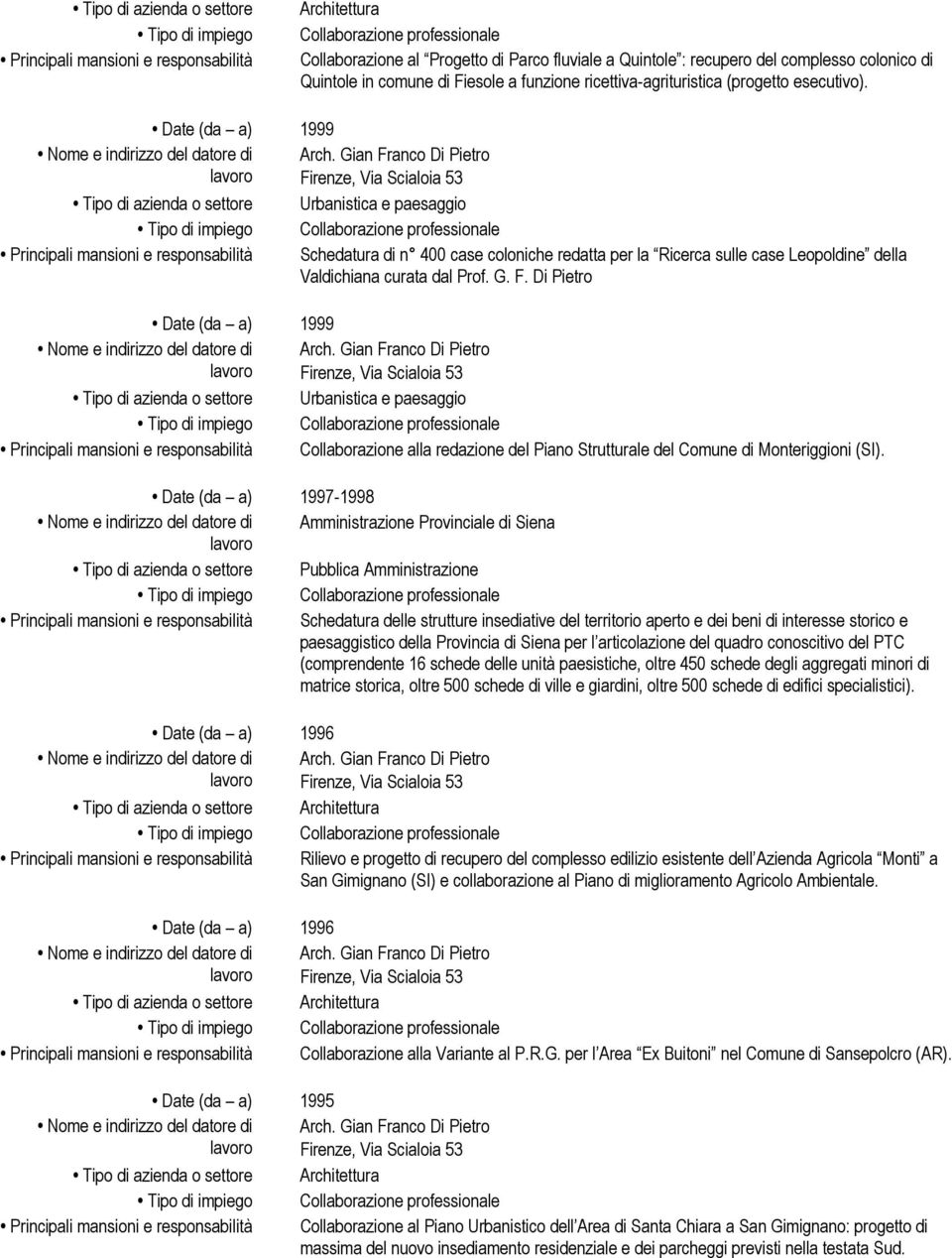 Date (da a) 1999 Tipo di azienda o settore Urbanistica e paesaggio Principali mansioni e responsabilità Schedatura di n 400 case coloniche redatta per la Ricerca sulle case Leopoldine della