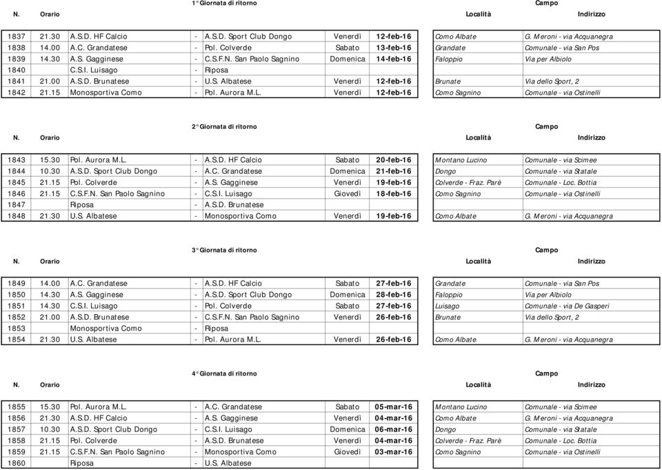 S.D. Brunatese - U.S. Albatese Venerdì 12-feb-16 Brunate Via dello Sport, 2 1842 21.15 Monosportiva Como - Pol. Aurora M.L.