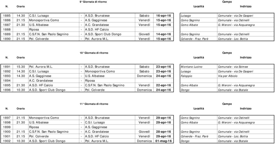 15 Pol. Colverde - Pol. Aurora M.L. Venerdì 15-apr-16 Colverde - Fraz. Parè Comunale - Loc. Bottia 10 Giornata di ritorno 1891 15.30 Pol. Aurora M.L. - A.S.D.
