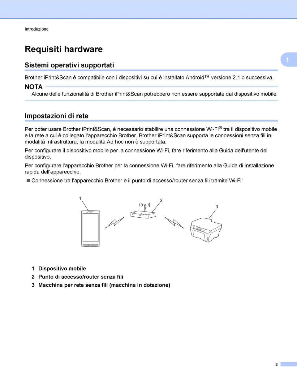 Impostazioni di rete Per poter usare Brother iprint&scan, è necessario stabilire una connessione Wi-Fi tra il dispositivo mobile e la rete a cui è collegato l'apparecchio Brother.