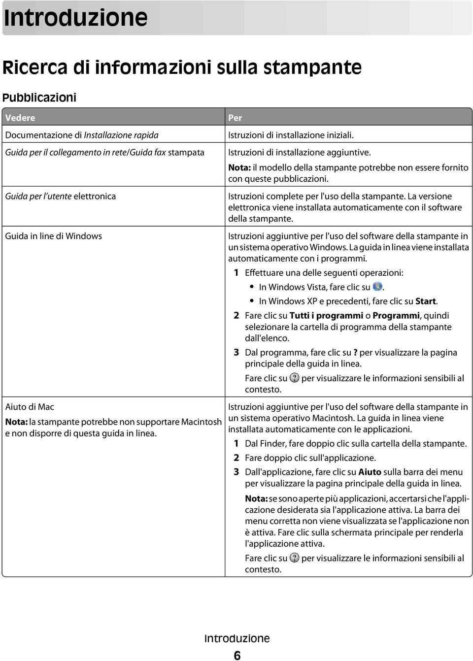 Istruzioni di installazione aggiuntive. Nota: il modello della stampante potrebbe non essere fornito con queste pubblicazioni. Istruzioni complete per l'uso della stampante.