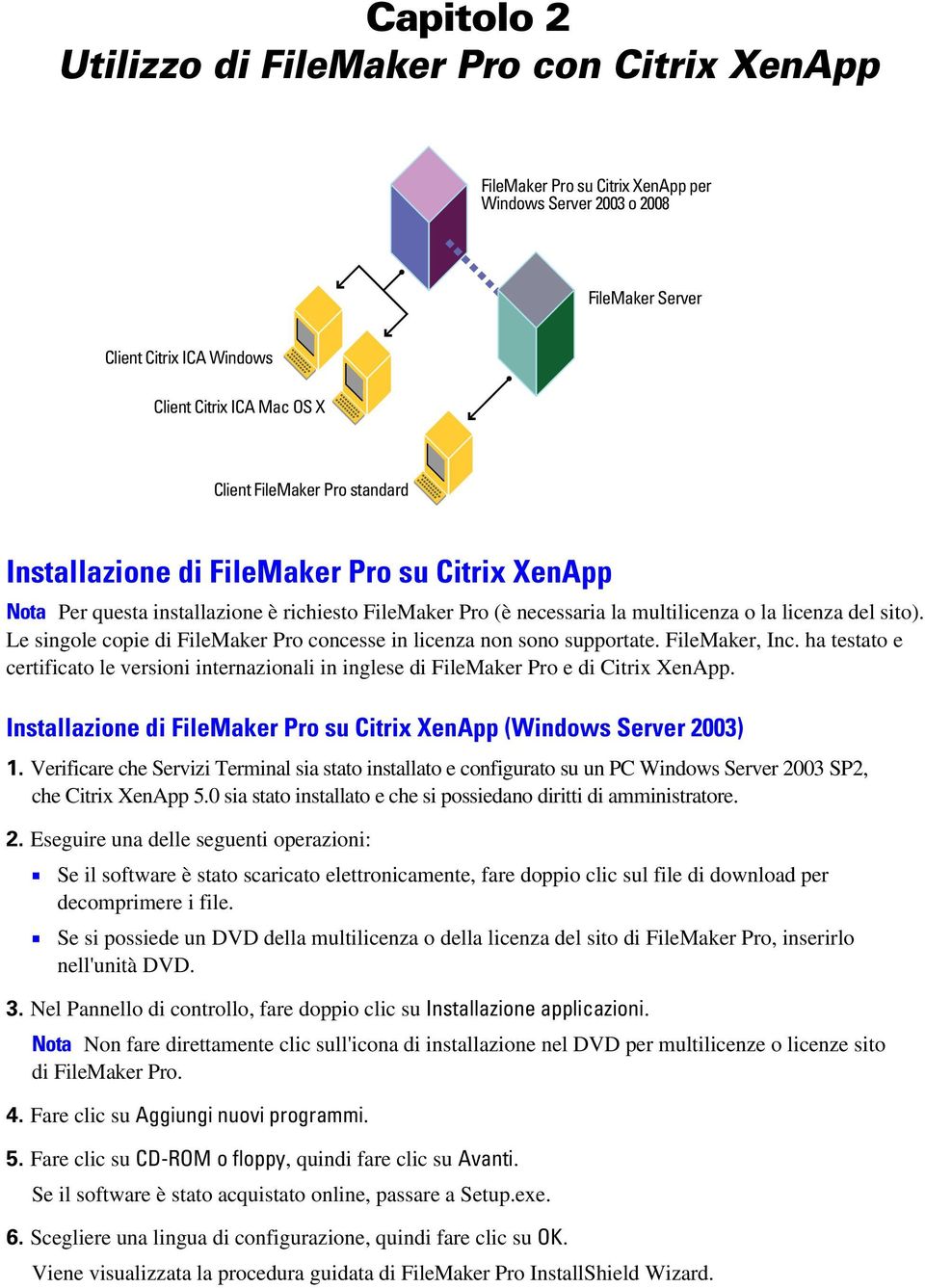 Le singole copie di FileMaker Pro concesse in licenza non sono supportate. FileMaker, Inc. ha testato e certificato le versioni internazionali in inglese di FileMaker Pro e di Citrix XenApp.