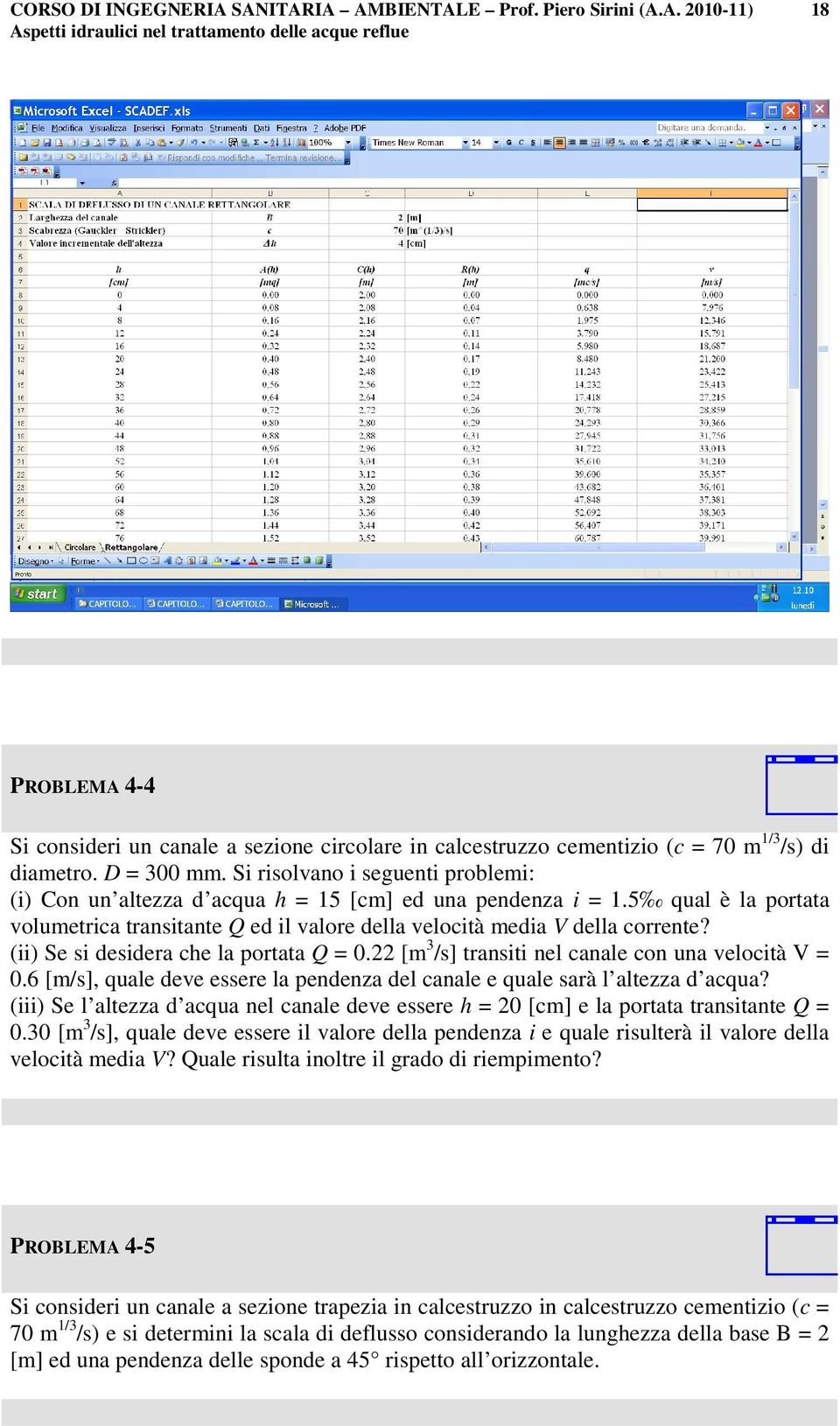 (ii) Se si desidera che la portata Q = 0. [ 3 /s] transiti nel canale con una velocità = 0.6 [/s], quale deve essere la pendenza del canale e quale sarà l altezza d acqua?