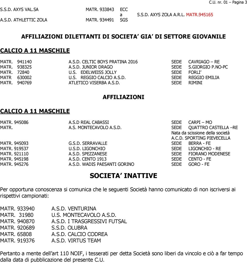 GIORGIO P.NO-PC MATR. 72840 U.S. EDELWEISS JOLLY SEDE FORLI MATR 630002 U.S. REGGIO CALCIO A.S.D. SEDE REGGIO EMILIA MATR. 940769 ATLETICO VISERBA A.S.D. SEDE RIMINI CALCIO A 11 MASCHILE AFFILIAZIONI MATR.