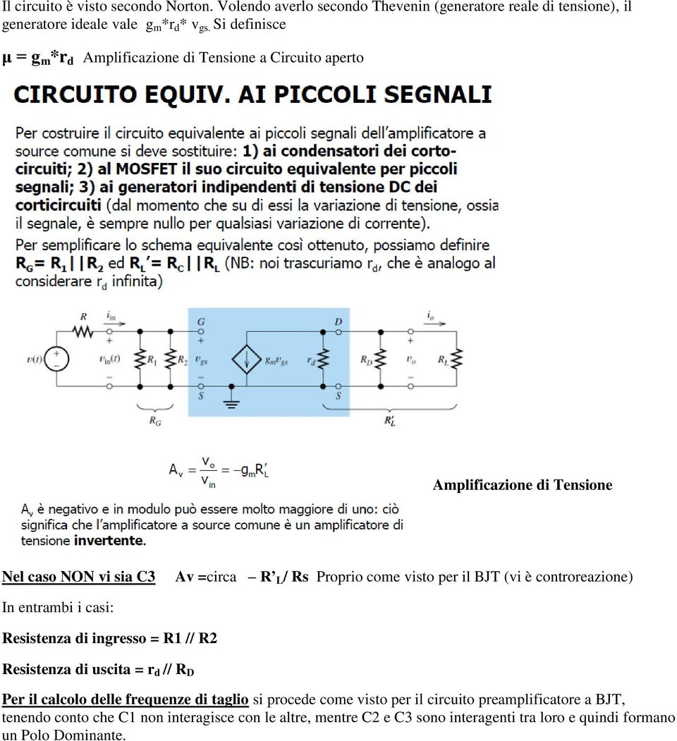 il BJT (vi è controreazione) In entrambi i casi: Resistenza di ingresso = R1 // R2 Resistenza di uscita = r d // R D Per il calcolo delle frequenze di taglio si