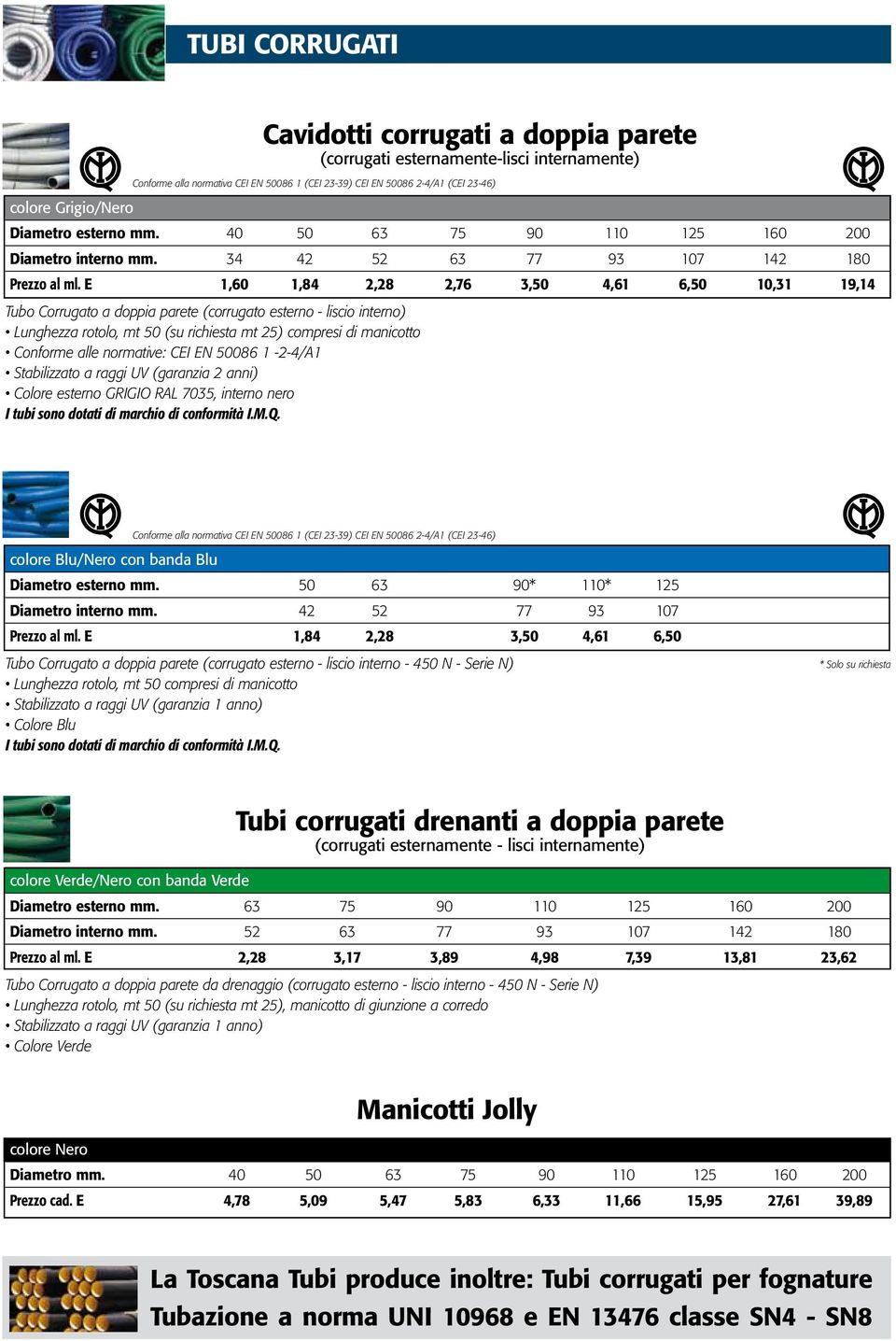 E 1,60 1,84 2,28 2,76 3,50 4,61 6,50 10,31 19,14 Tubo Corrugato a doppia parete (corrugato esterno - liscio interno) Lunghezza rotolo, mt 50 (su richiesta mt 25) compresi di manicotto Conforme alle