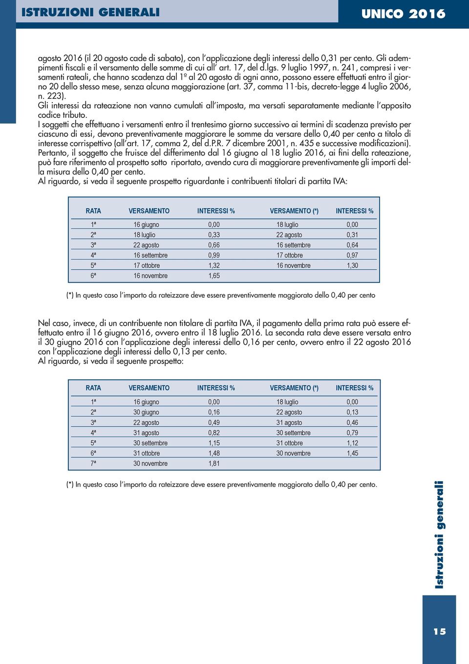 37, comma 11-bis, decreto-legge 4 luglio 2006, n. 223). Gli interessi da rateazione non vanno cumulati all imposta, ma versati separatamente mediante l apposito codice tributo.