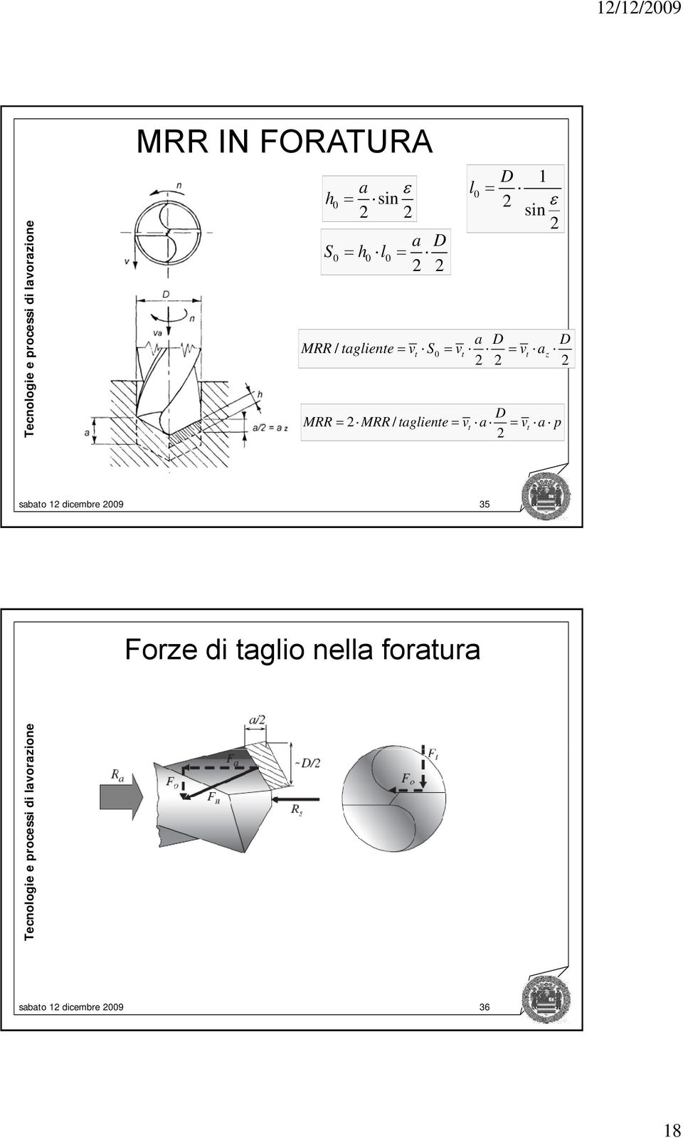 S0 = vt = vt az 2 2 2 D MRR = 2 MRR / tagliente =