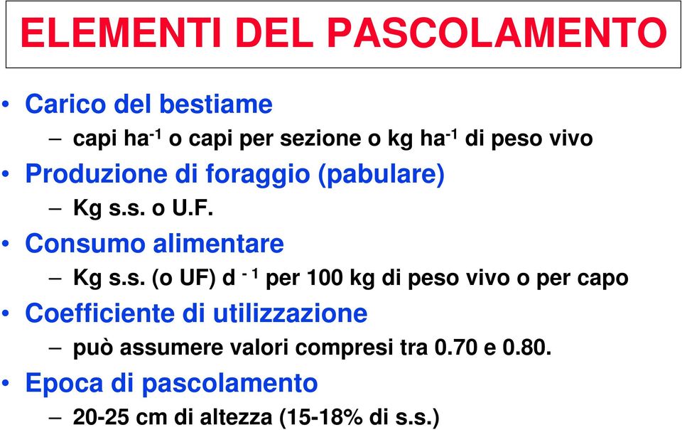 UF) d - 1 per 100 kg di peso vivo o per capo Coefficiente di utilizzazione può assumere