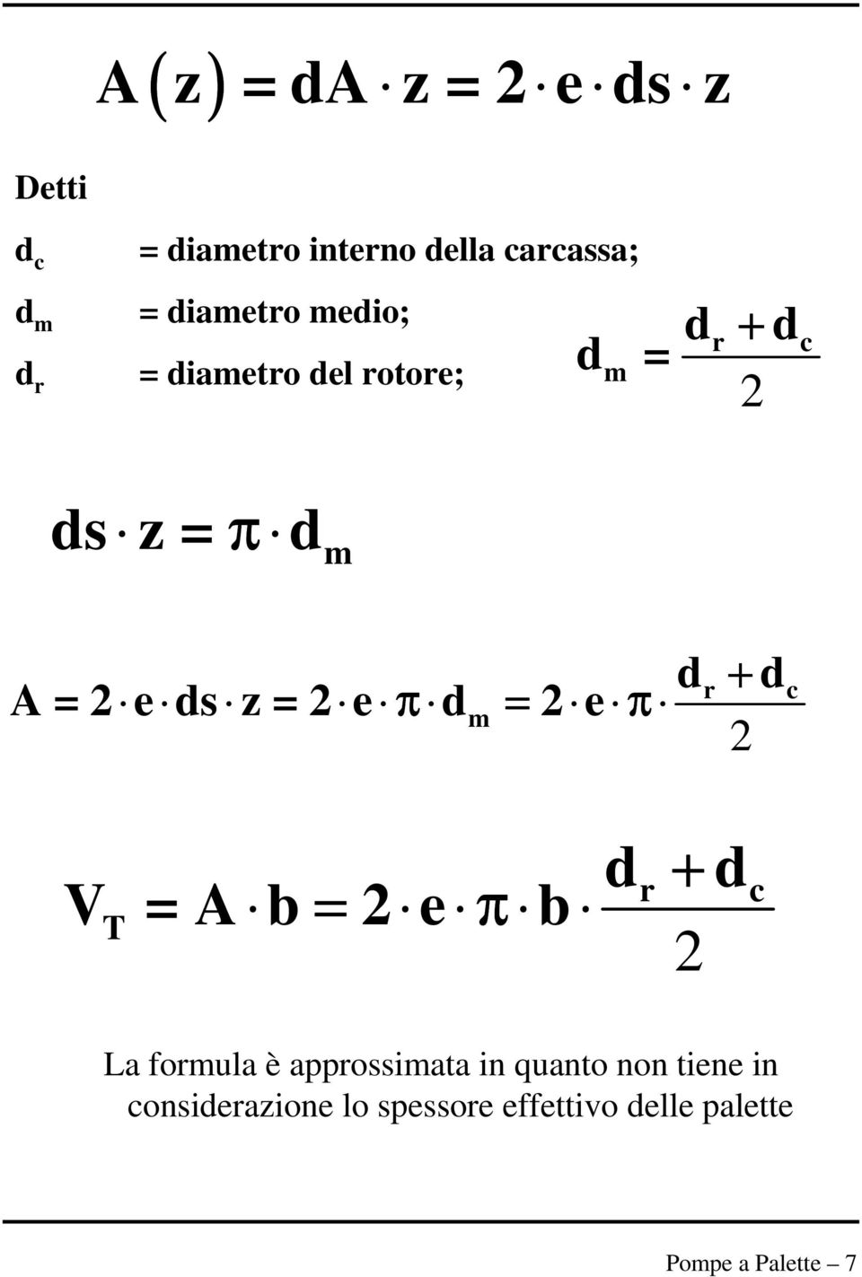 e π d = 2 e π m d r + 2 d c V = A b = 2 e π b T d r + 2 d c La formula è approssimata