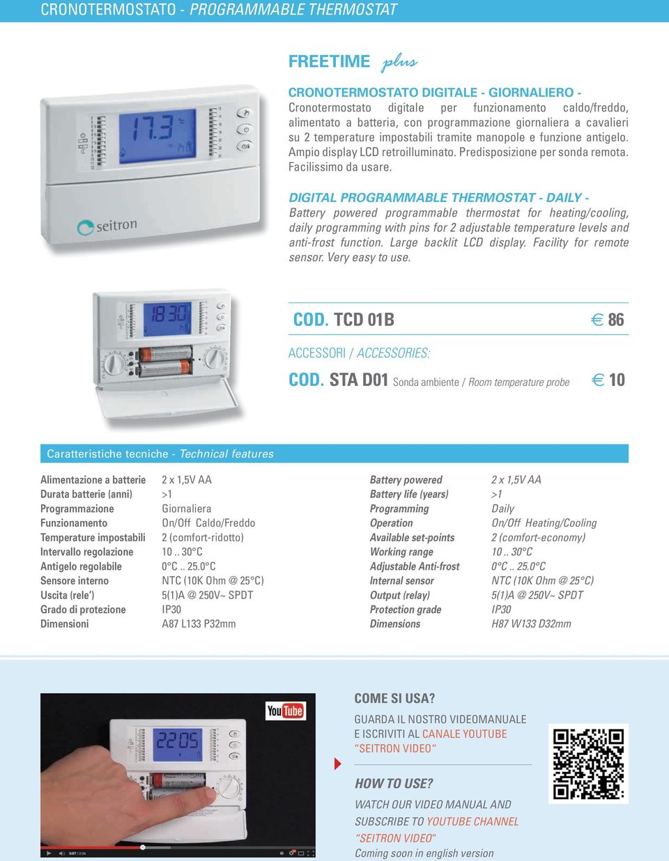 DIGITAL PROGRAMMABLE THERMOSTAT - DAILY - Battery powered programmable thermostat for heating/cooling, daily programming with pins for 2 adjustable temperature levels and anti-frost function.