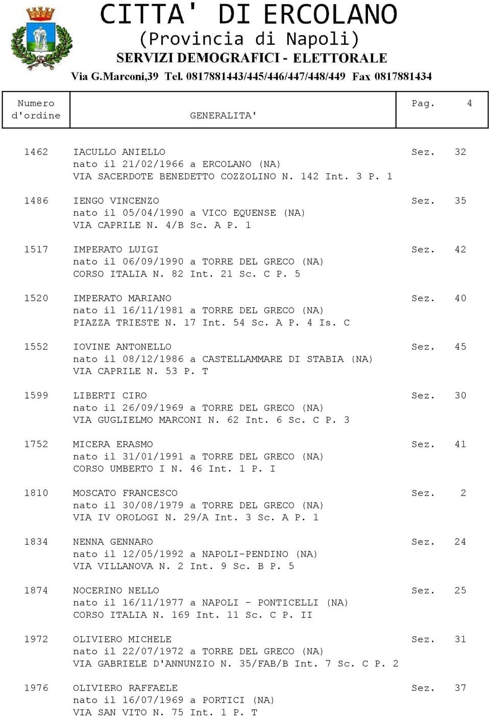 5 1520 IMPERATO MARIANO Sez. 40 nato il 16/11/1981 a TORRE DEL GRECO (NA) PIAZZA TRIESTE N. 17 Int. 54 Sc. A P. 4 Is. C 1552 IOVINE ANTONELLO Sez.