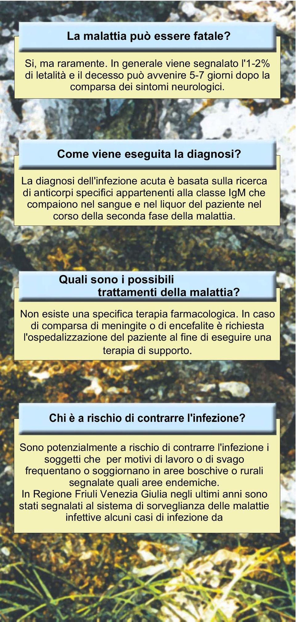 La diagnosi dell'infezione acuta è basata sulla ricerca di anticorpi specifici appartenenti alla classe IgM che compaiono nel sangue e nel liquor del paziente nel corso della seconda fase della