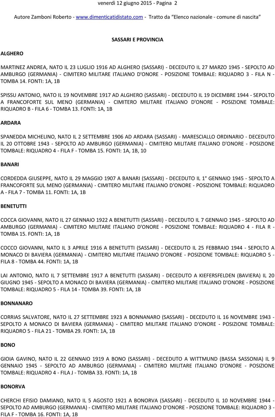 FONTI: 1A, 1B SPISSU ANTONIO, NATO IL 19 NOVEMBRE 1917 AD ALGHERO (SASSARI) - DECEDUTO IL 19 DICEMBRE 1944 - SEPOLTO A FRANCOFORTE SUL MENO (GERMANIA) - CIMITERO MILITARE ITALIANO D'ONORE - POSIZIONE