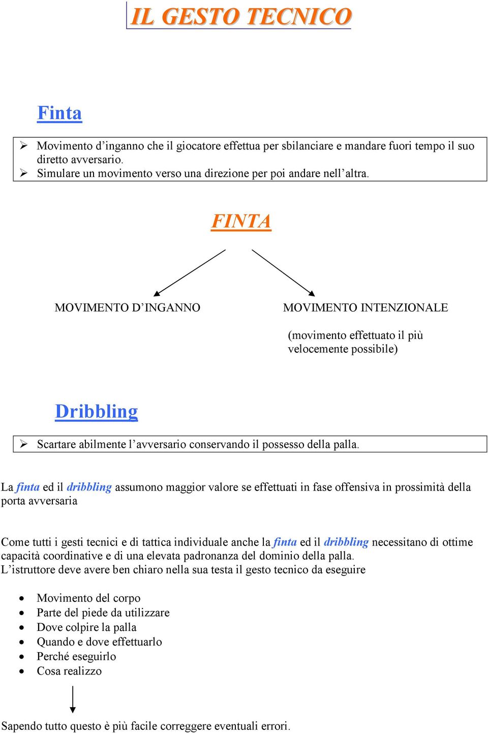 FINTA MOVIMENTO D INGANNO MOVIMENTO INTENZIONALE (movimento effettuato il più velocemente possibile) Dribbling Scartare abilmente l avversario conservando il possesso della palla.