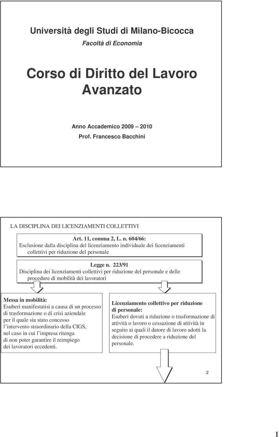 223/91 Disciplina dei licenziamenti collettivi per riduzione del personale e delle procedure di mobilità dei lavoratori Messa in mobilità: Esuberi manifestatisi a causa di un processo di