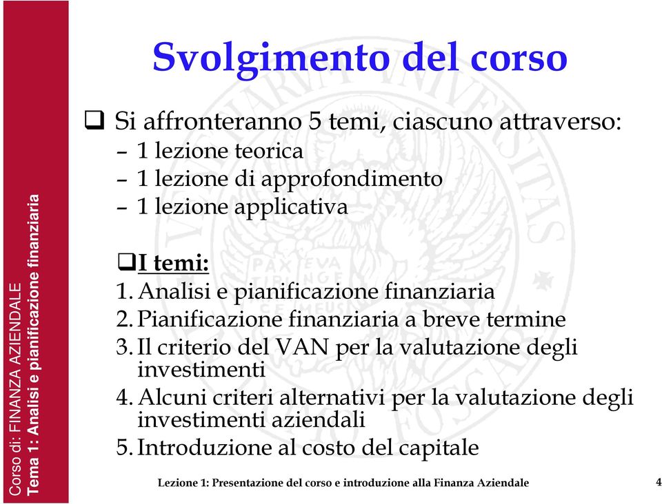 Pianificazione finanziaria a breve termine 3. Il criterio del VAN per la valutazione degli investimenti 4.