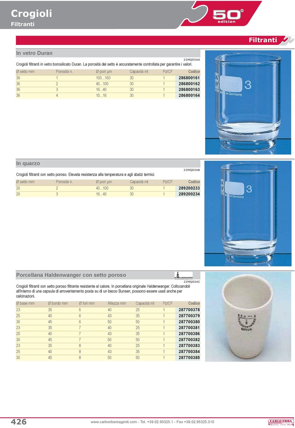 Elevata resistenza alla temperatura e agli sbalzi termici. 22MQ03AB Ø setto mm Porosità n. Ø pori µm Capacità ml Pz/CF Codice 20 2 40...100 30 1 289200233 20 3 16.