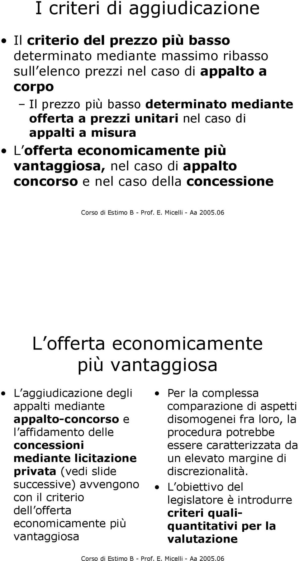 aggiudicazione degli appalti mediante appalto-concorso e l affidamento delle concessioni mediante licitazione privata (vedi slide successive) avvengono con il criterio dell offerta economicamente più