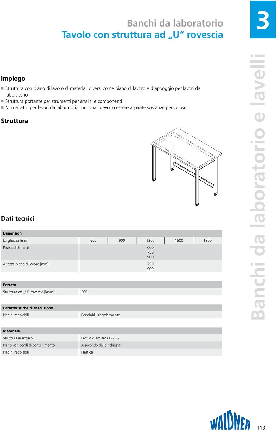 900 1200 1500 1800 Profondità [mm] 600 750 900 Altezza piano di lavoro [mm] 750 900 Portata ad U rovescia [kg/m²] 200 Caratteristiche di esecuzione Piedini