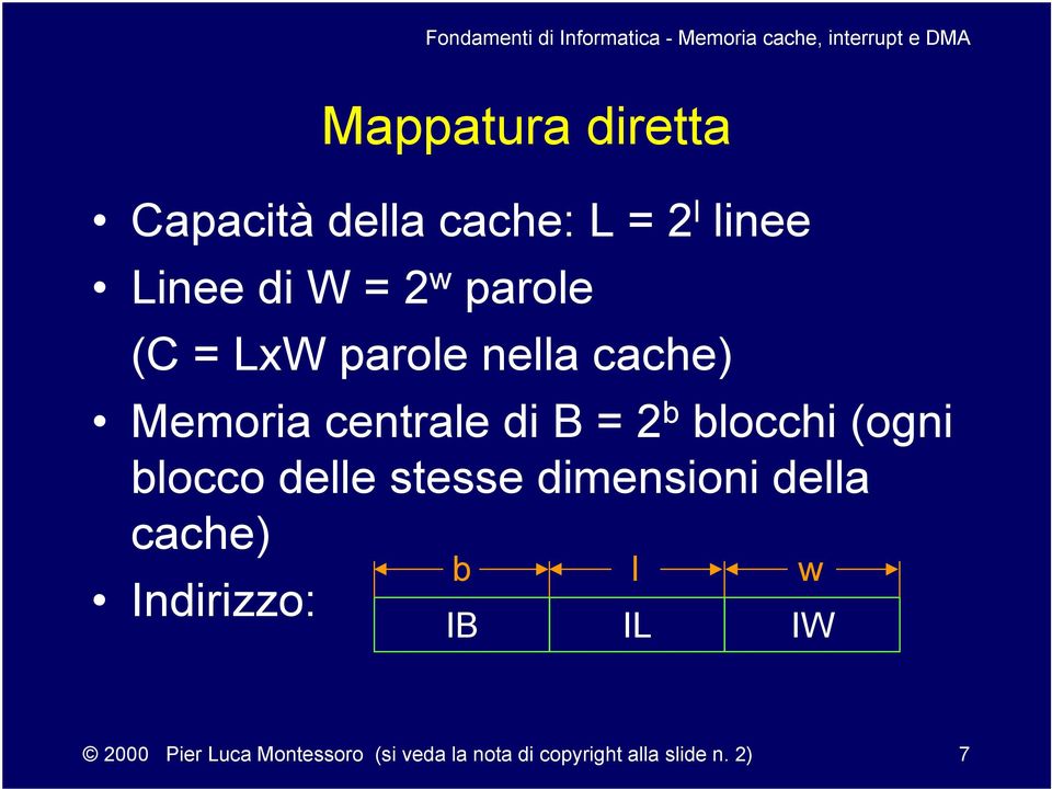 (ogni blocco delle stesse dimensioni della cache) b l w Indirizzo: IB IL