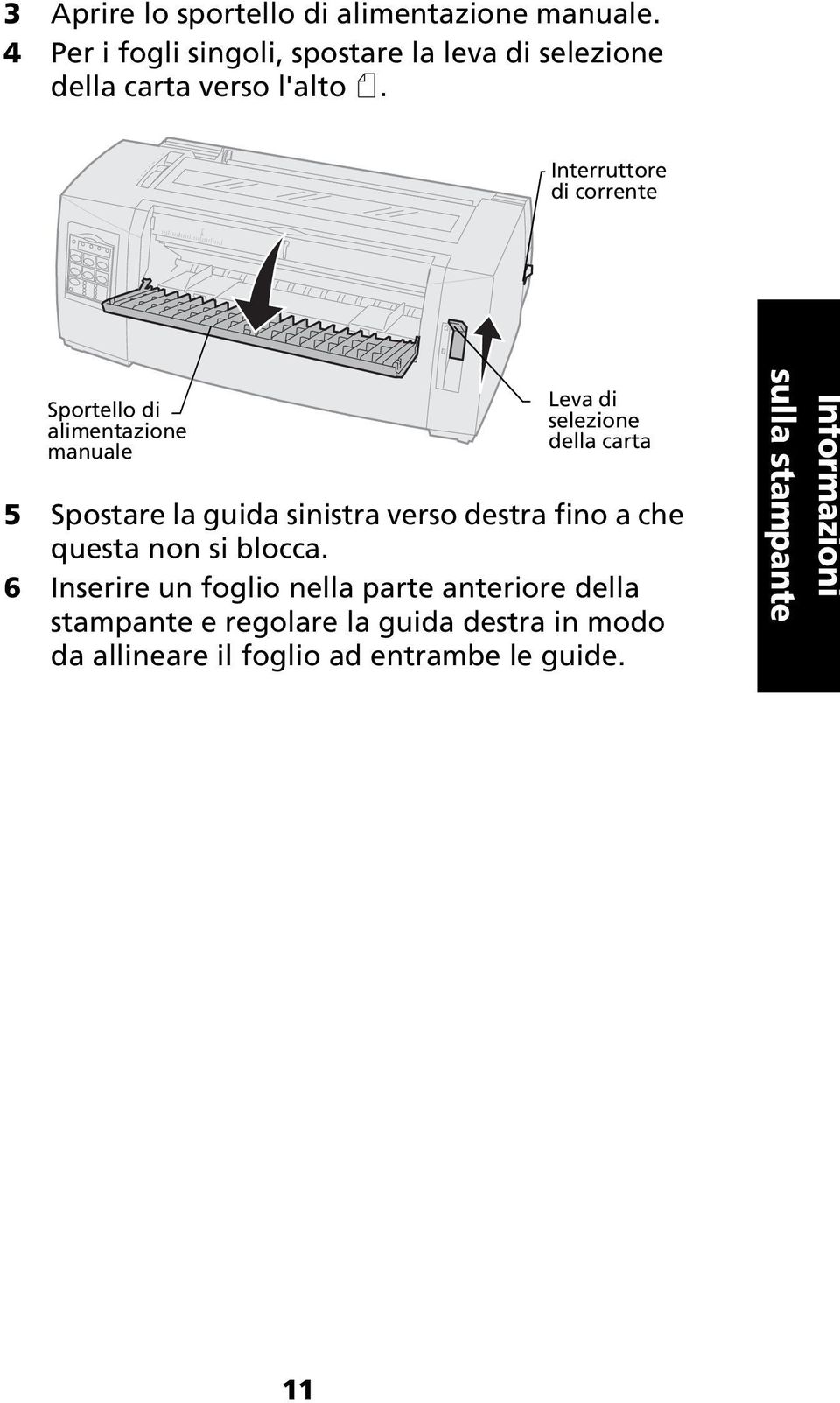 Interruttore di corrente Sportello di alimentazione manuale Leva di selezione della carta 5 Spostare la guida