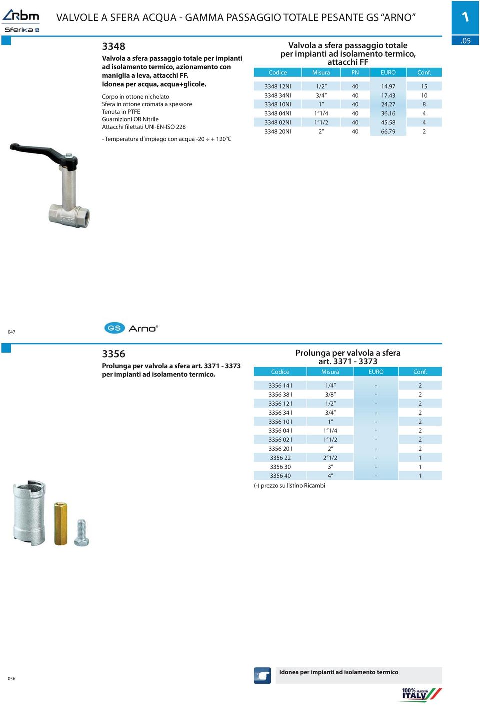 10 3348 10NI 1 40 24,27 8 3348 04NI 1 1/4 40 36,16 4 3348 02NI 1 1/2 40 45,58 4 3348 20NI 2 40 66,79 2.05 047 3356 Prolunga per valvola a sfera art. 3371-3373 per impianti ad isolamento termico.