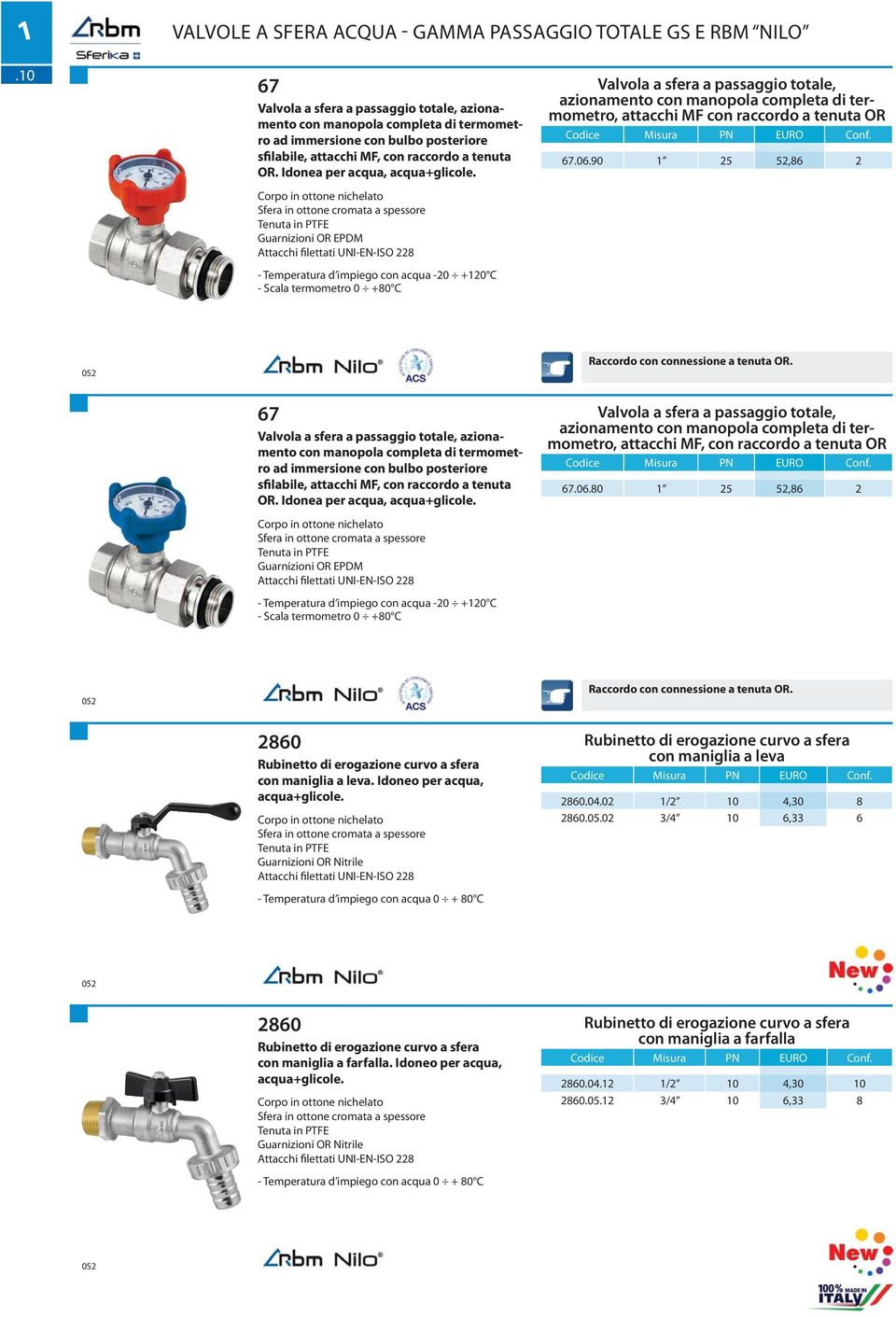 - Scala termometro 0 +80 C Valvola a sfera a passaggio totale, azionamento con manopola completa di termometro, attacchi MF con raccordo a tenuta OR 67.06.