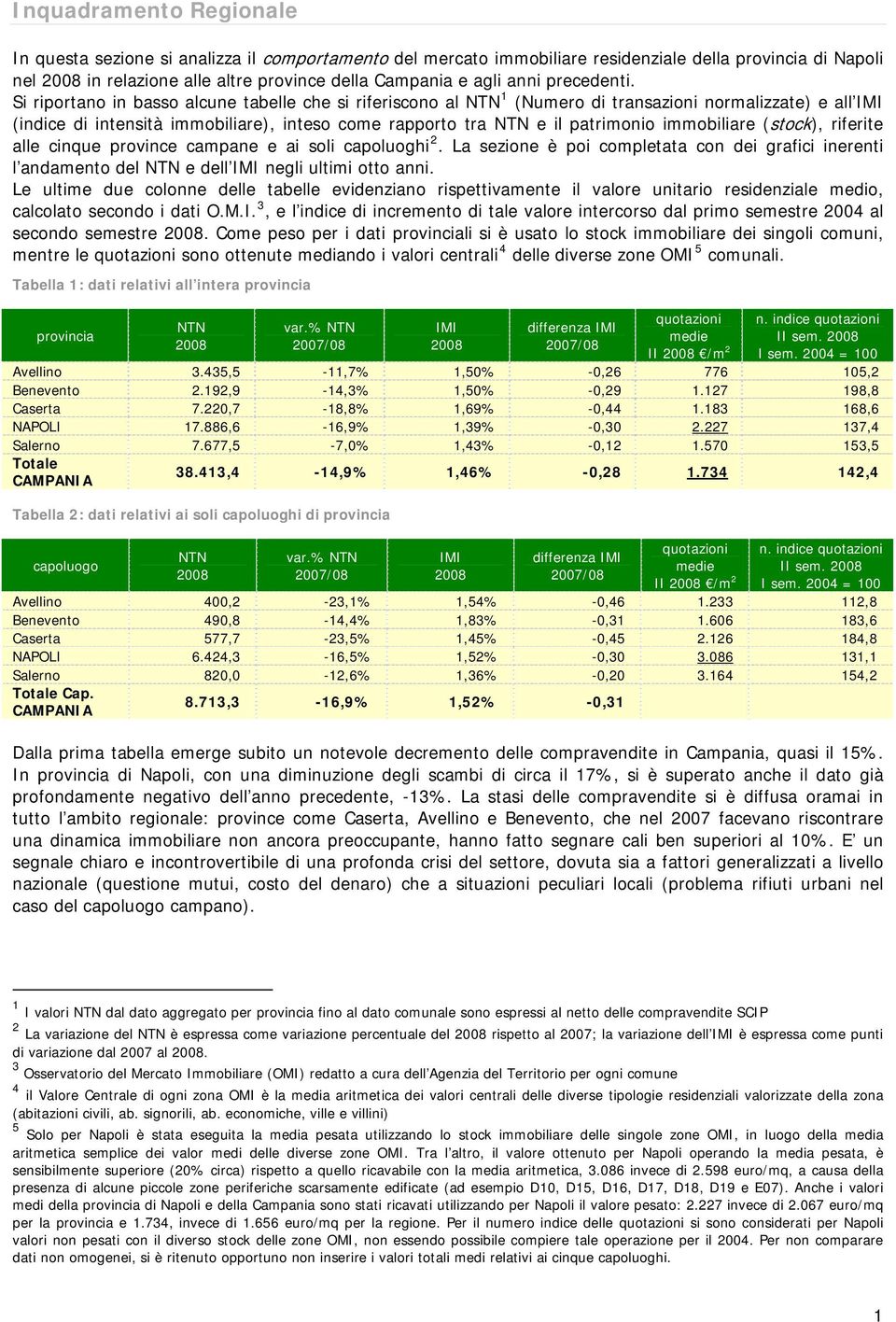 Si riportano in basso alcune tabelle che si riferiscono al 1 (Numero di transazioni normalizzate) e all (indice di intensità immobiliare), inteso come rapporto tra e il patrimonio immobiliare