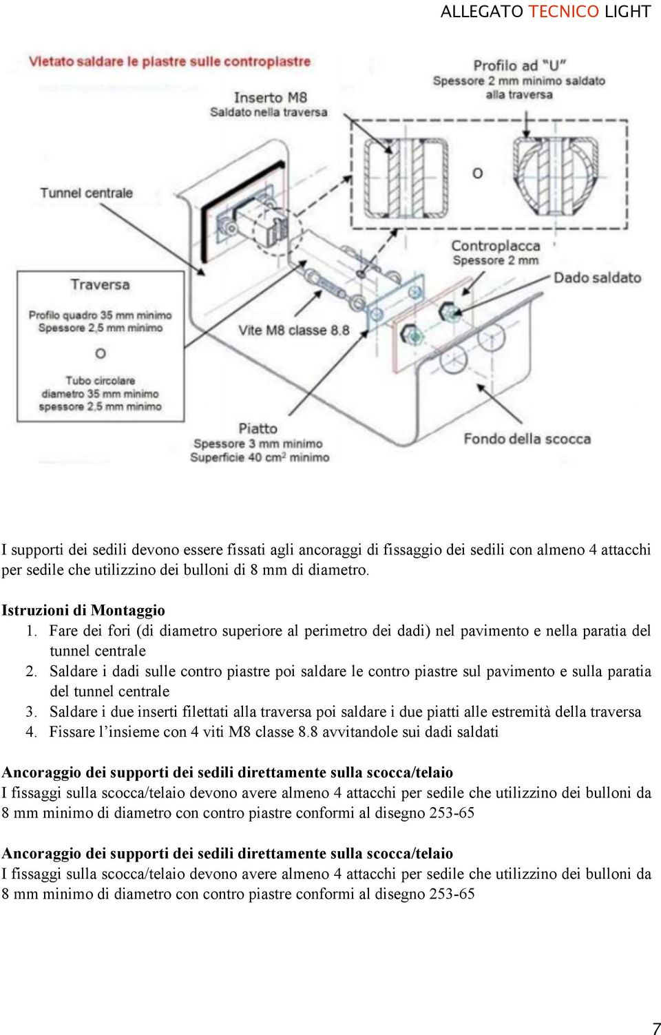 Saldare i dadi sulle contro piastre poi saldare le contro piastre sul pavimento e sulla paratia del tunnel centrale 3.