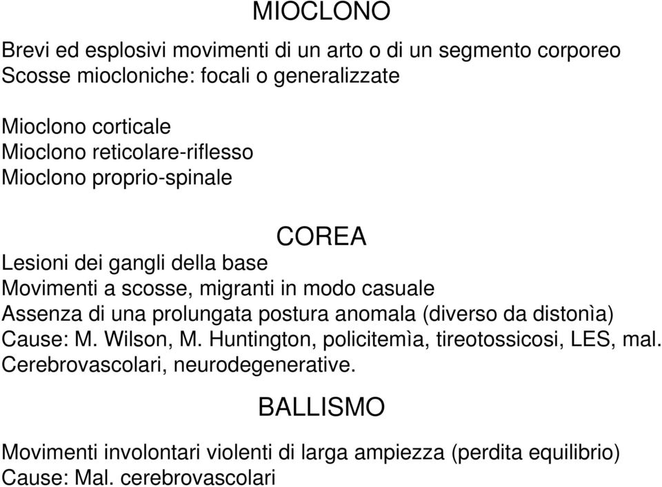 Assenza di una prolungata postura anomala (diverso da distonìa) Cause: M. Wilson, M. Huntington, policitemìa, tireotossicosi, LES, mal.