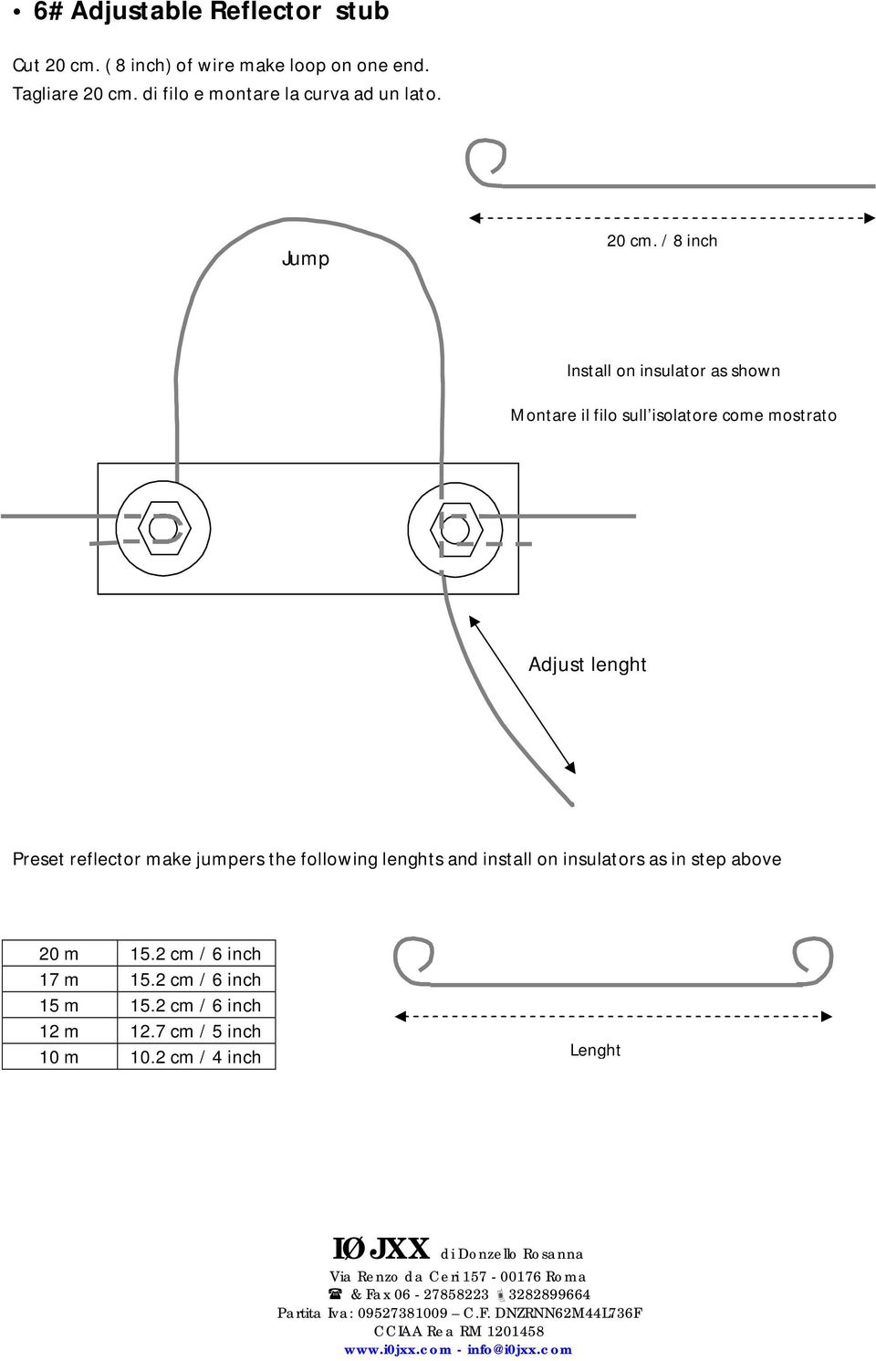 / 8 inch Install on insulator as shown Montare il filo sull isolatore come mostrato Adjust lenght Preset reflector make