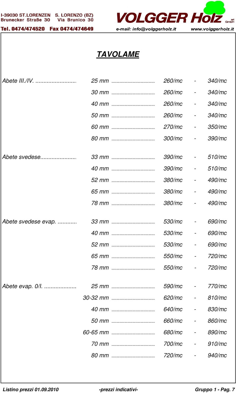 ... 33 mm... 530/mc - 690/mc 40 mm... 530/mc - 690/mc 52 mm... 530/mc - 690/mc 65 mm... 550/mc - 720/mc 78 mm... 550/mc - 720/mc Abete evap. 0/I.... 25 mm... 590/mc - 770/mc 30-32 mm.