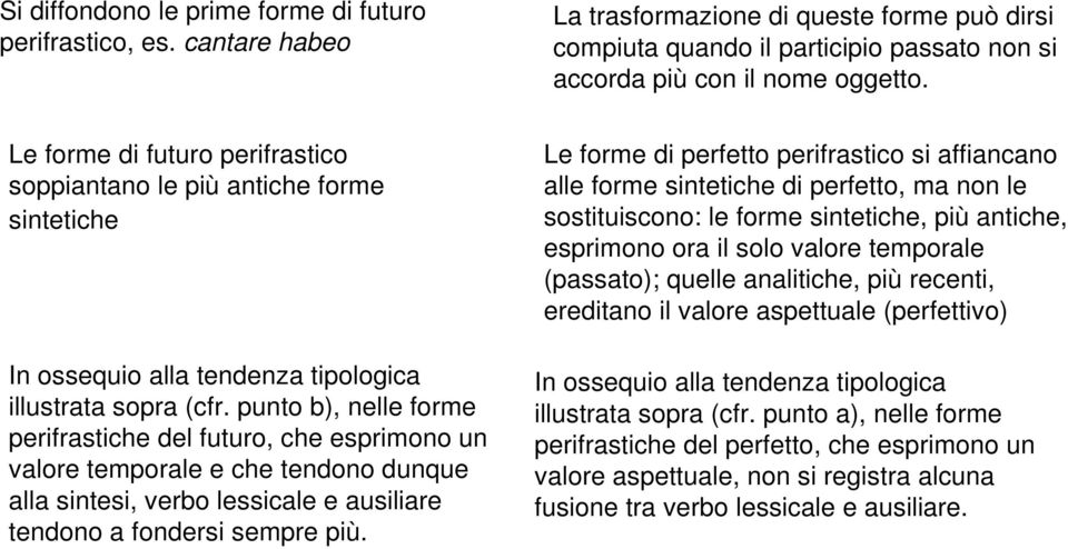 punto b), nelle forme perifrastiche del futuro, che esprimono un valore temporale e che tendono dunque alla sintesi, verbo lessicale e ausiliare tendono a fondersi sempre più.