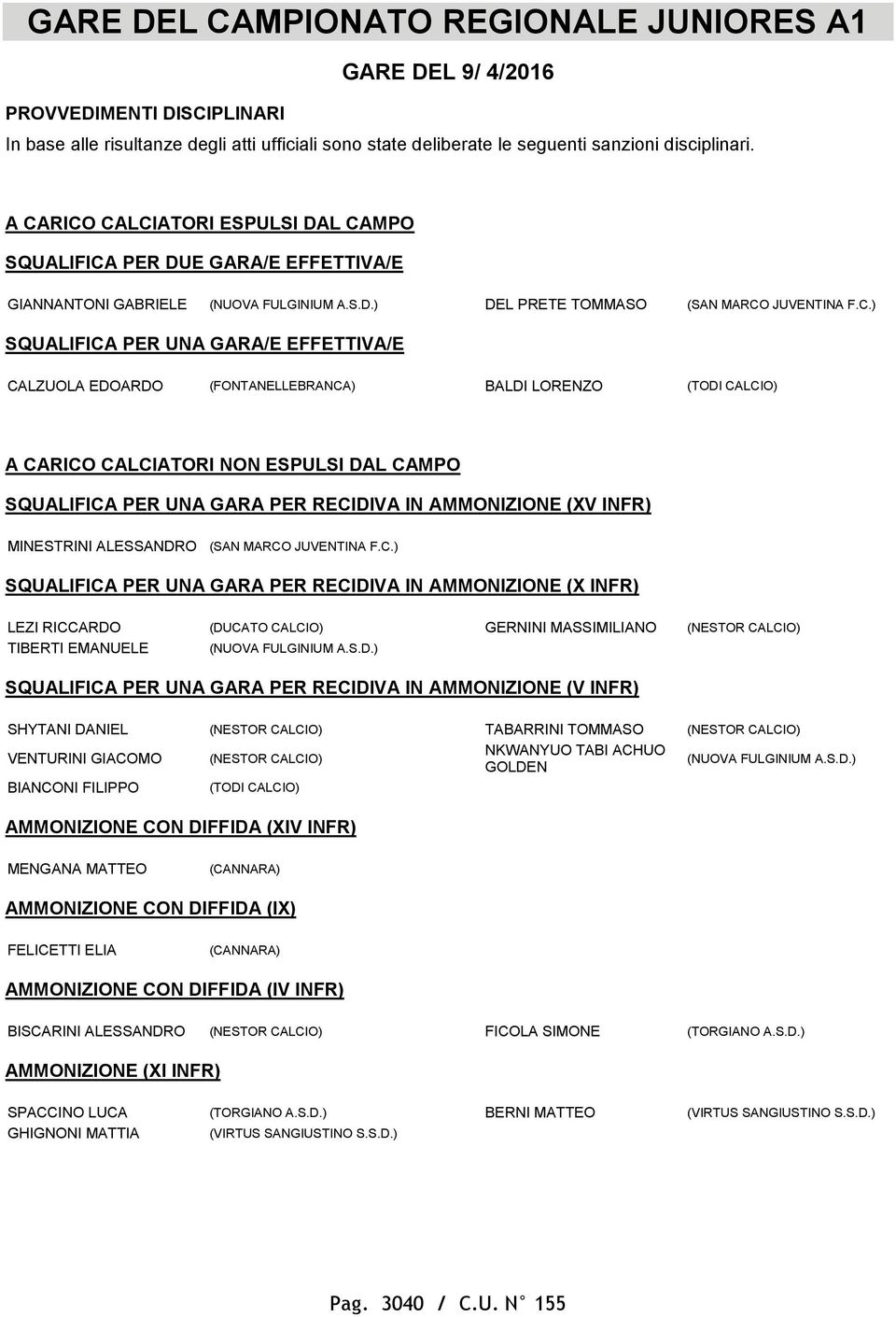 EFFETTIVA/E CALZUOLA EDOARDO (FONTANELLEBRANCA) BALDI LORENZO (TODI CALCIO) A CARICO CALCIATORI NON ESPULSI DAL CAMPO SQUALIFICA PER UNA GARA PER RECIDIVA IN AMMONIZIONE (XV INFR) MINESTRINI