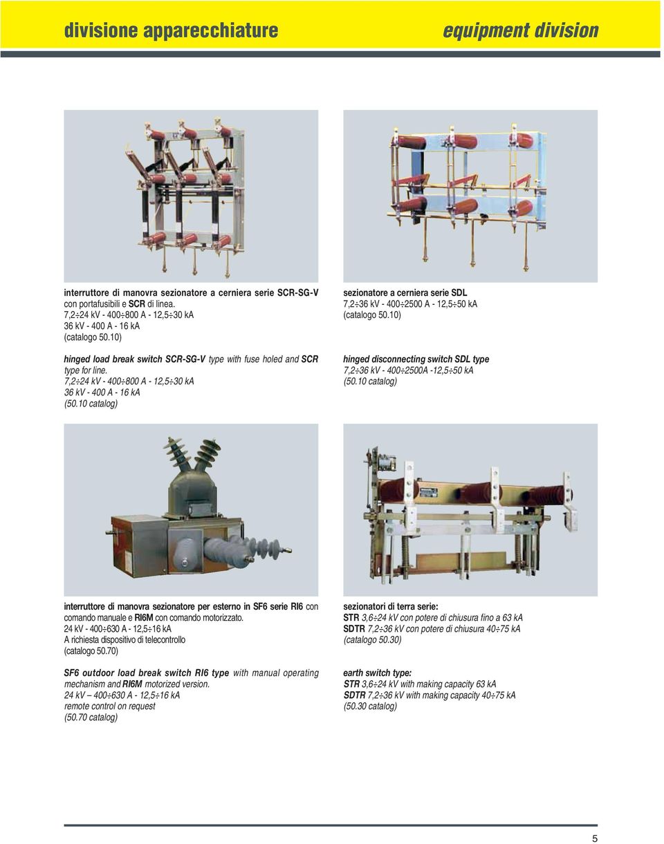 7,2 24 kv - 400 800 A - 12,5 30 ka 36 kv - 400 A - 16 ka (50.10 catalog) sezionatore a cerniera serie SDL 7,2 36 kv - 400 2500 A - 12,5 50 ka (catalogo 50.