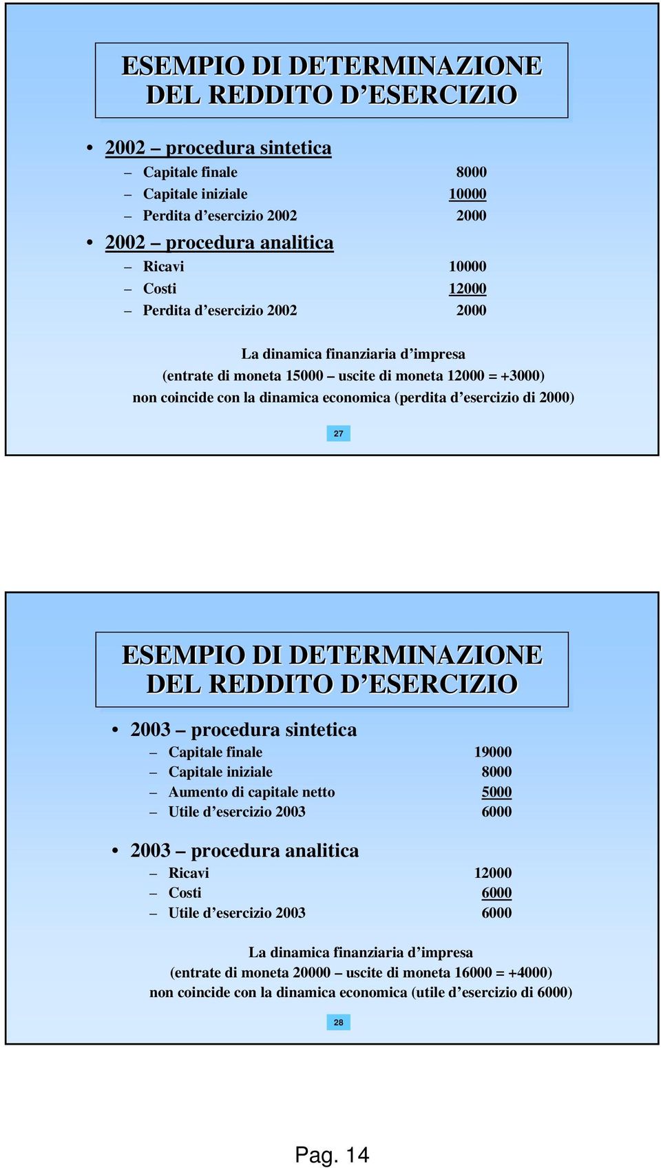 ESEMPIO DI DETERMINAZIONE DEL REDDITO D ESERCIZIOD 2003 procedura sintetica Capitale finale 19000 Capitale iniziale 8000 Aumento di capitale netto 5000 Utile d esercizio 2003 6000 2003 procedura