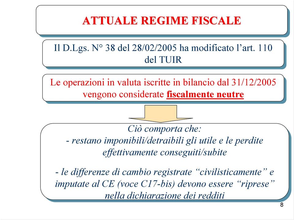 neutre Ciò comporta che: --restano imponibili/detraibili gli gli utile e le le perdite effettivamente conseguiti/subite