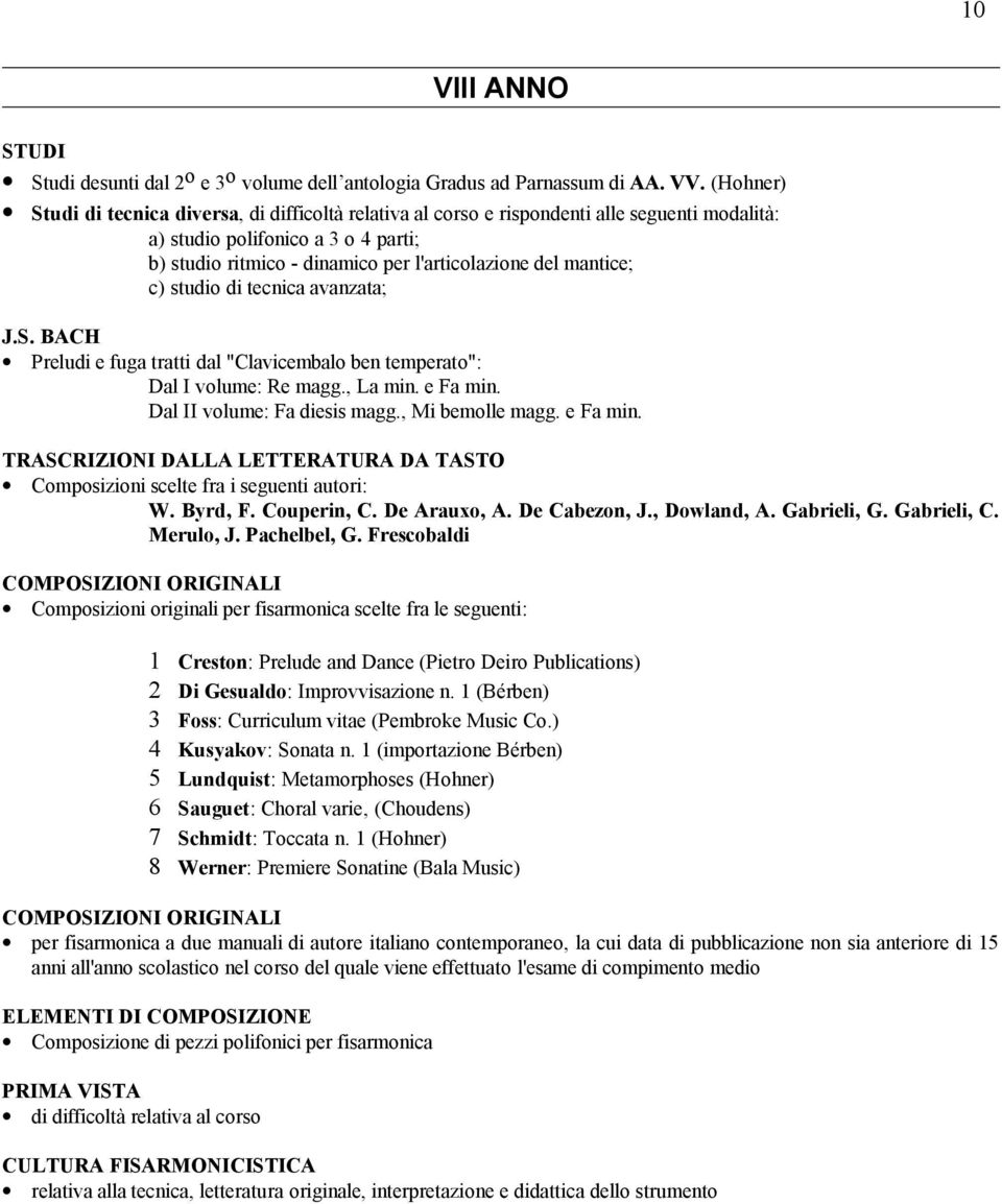 mantice; c) studio di tecnica avanzata; J.S. BACH Preludi e fuga tratti dal "Clavicembalo ben temperato": Dal I volume: Re magg., La min. e Fa min. Dal II volume: Fa diesis magg., Mi bemolle magg.