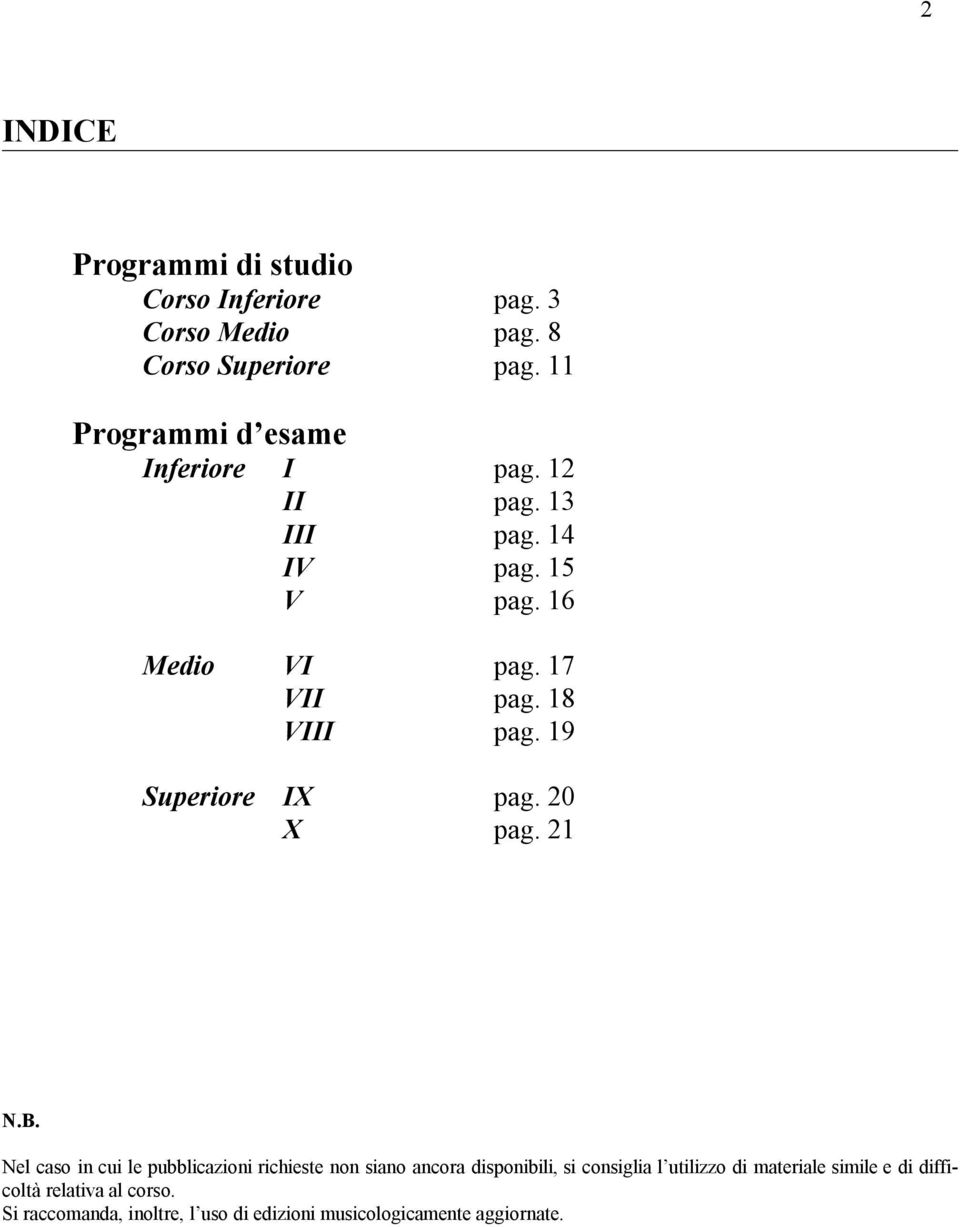 18 VIII pag. 19 Superiore IX pag. 20 X pag. 21 N.B.