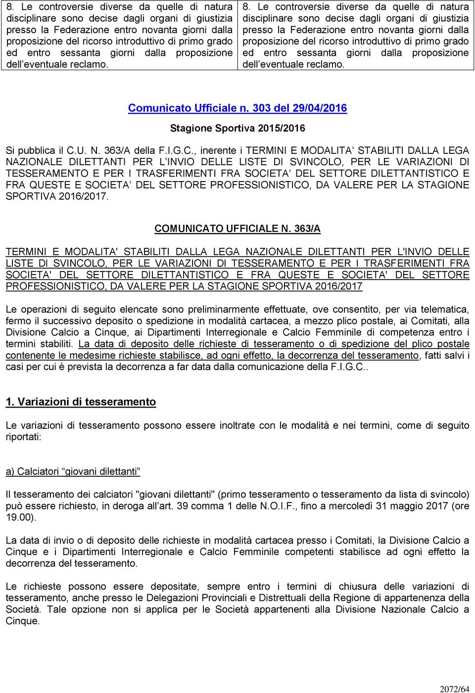 303 del 29/04/2016 Stagione Sportiva 2015/2016 Si pubblica il C.