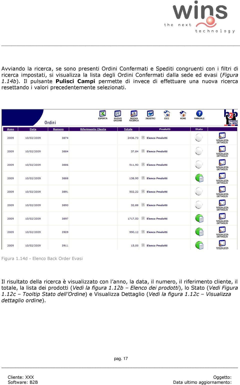 14d - Elenco Back Order Evasi Il risultato della ricerca è visualizzato con l anno, la data, il numero, il riferimento cliente, il totale, la lista dei prodotti (Vedi